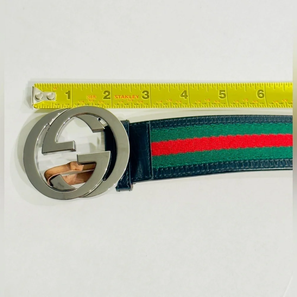 Gucci Web Canvas Black Leather Belt 114984 Silver Interlocking G Buckle 100/40